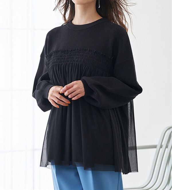 RANAN（ラナン）の「洗える！ビスチェ風チュールドッキングニット＜ムースタッチライト＞（ニット・セーター）」｜ブラック