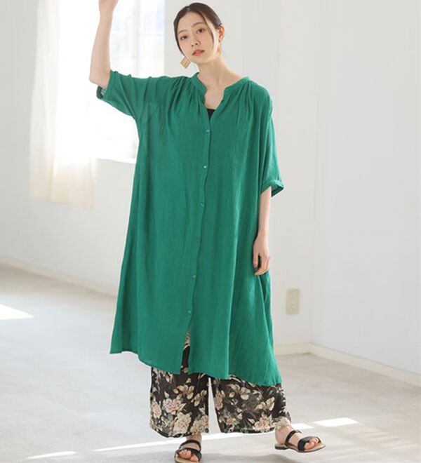 A HAPPY MARILYN（アハッピーマリリン）の「【Ｌ～６Ｌ】【風通るプレミアム】綿１００％ 楊柳 五分袖 ギャザーたっぷりワンピース（カットソーワンピース）」｜詳細画像