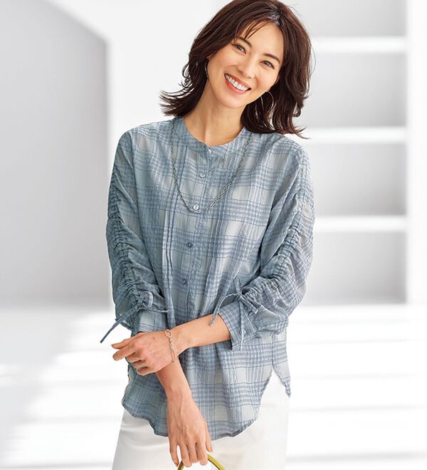 シアーチェック素材袖ドロストブラウス - ベルーナ【公式】