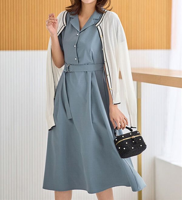 alotta（アロッタ）の「ベルト付オープンカラーフレアーワンピース（その他ワンピース）」｜スモーキーブルー