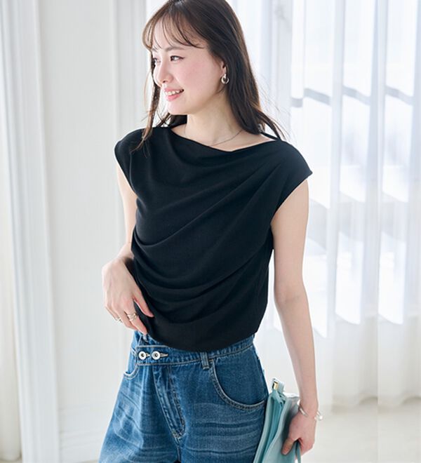 RANAN（ラナン）の「【ひんやり・ＵＶ】タックドレープフレンチスリーブカットソー（Tシャツ）」｜詳細画像