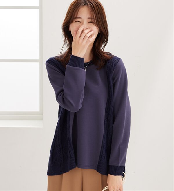 BELLUNA（ベルーナ）の「ケーブル柄ニット切替プルオーバー（カットソー）」｜ネイビー