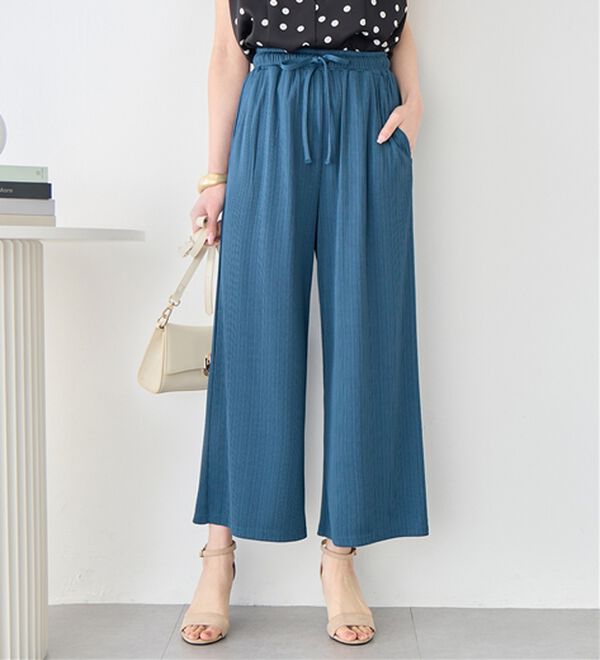alotta（アロッタ）の「【選べる丈】のびのびストレッチリブワイドパンツ（クロップドパンツ）」｜ブルーグリーン クロップド丈