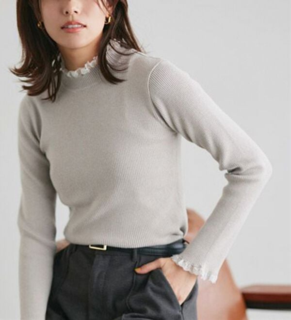 希少✨2022年✨エンフォルド　オールインワン　リブニット　ハイネック　異素材 小顔×細見え」リブニット ニット 洗えるニット タートルネック