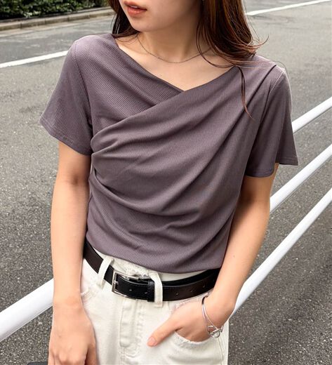 ラナン Ranan タグ付き Tシャツ 3L グレー Vネック 半袖 /SX tシャツ レディース - 「4.4万枚突破！」「26SS新色追加」2WAY ロゴプリントアシメチュニックＴシャツ 「接触冷感」シャーリングドッキング半袖プルオーバー