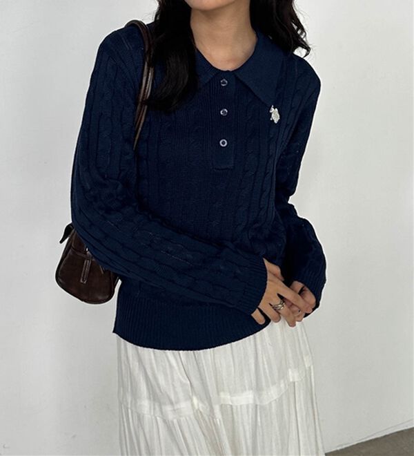 RANAN（ラナン）の「＜U.S.POLO ASSN.＞刺繍長袖ケーブルポロニット（ニット・セーター）」｜詳細画像