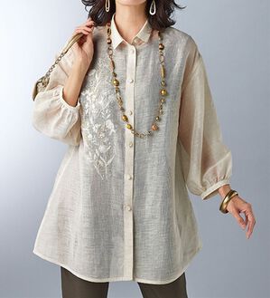 BELLUNA（ベルーナ）の「麻混素材刺しゅうオーバーブラウス（ブラウス）」｜ベージュ系