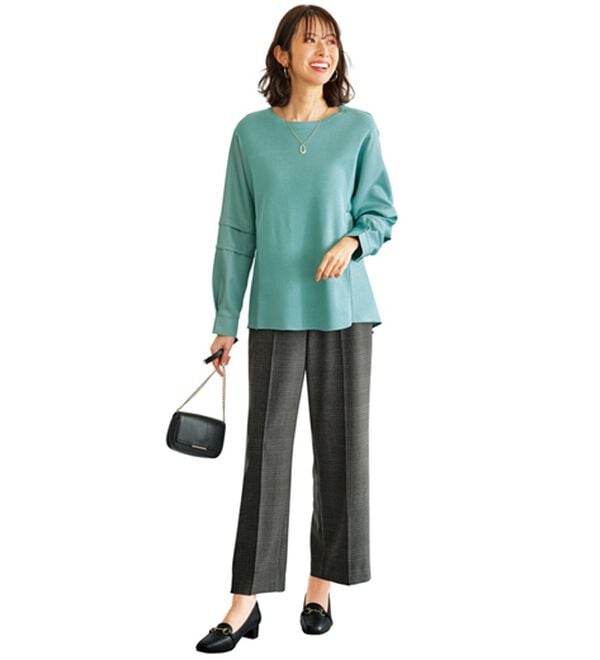 BELLUNA（ベルーナ）の「サマ見え（Ｗ）ストレッチ素材タブ使いワイドパンツ（ワイドパンツ・ガウチョ）」｜詳細画像