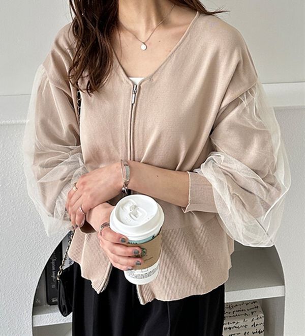 GeeRA（ジーラ）の「チュール袖ダブルジップカーディガン（ニットカーディガン）」｜詳細画像