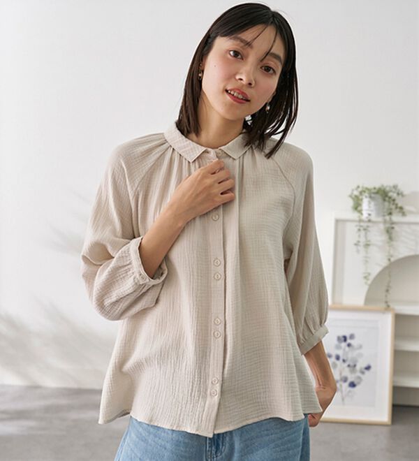 BELLUNA（ベルーナ）の「《ＨｕｇＲｅａｍコットン》ダブルガーゼギャザーブラウス（ブラウス）」｜詳細画像