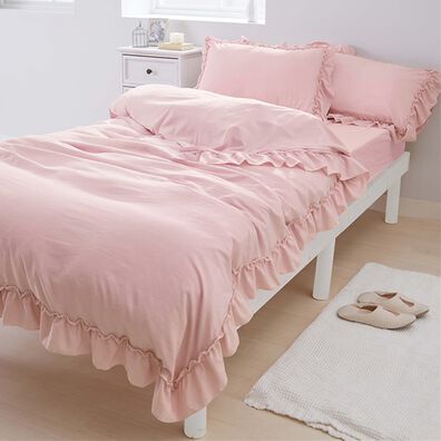 iellio（イエリオ）の「大人かわいいダブルフリル付布団カバーリング＜掛け布団カバー・ボックスシーツ・枕カバー・ずれにくい・オールシーズン・淡色＞（敷布団カバー・シーツ）」