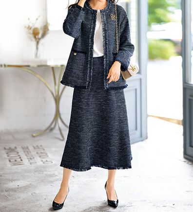 BELLUNA（ベルーナ）の「ツイード調素材フリンジ使いセットアップ（スカートスーツ）」