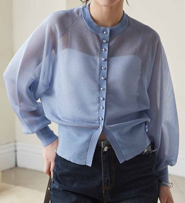 RANAN（ラナン）の「シルバーボタンシアーニットカーデ（ニットカーディガン）」｜ブルー