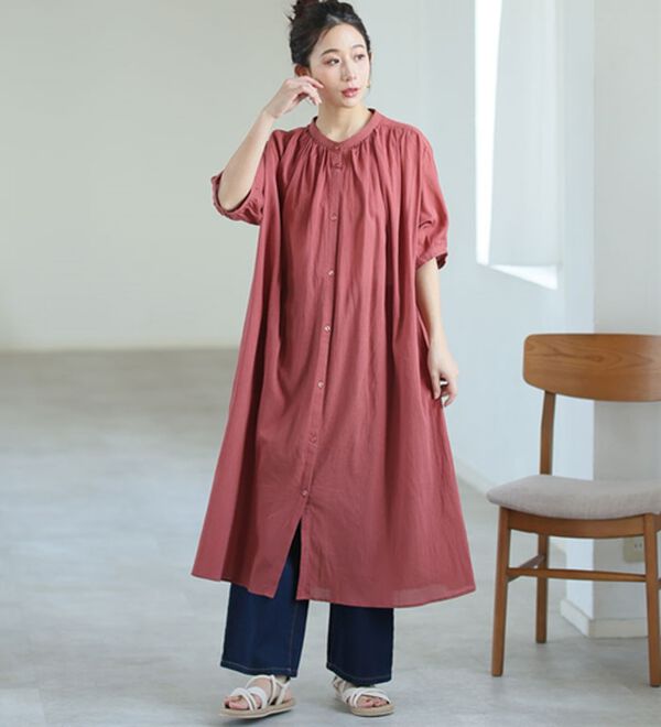 A HAPPY MARILYN（アハッピーマリリン）の「【Ｌ～６Ｌ】【風通るプレミアム】綿１００％ 楊柳 五分袖 ギャザーたっぷりワンピース（カットソーワンピース）」｜詳細画像