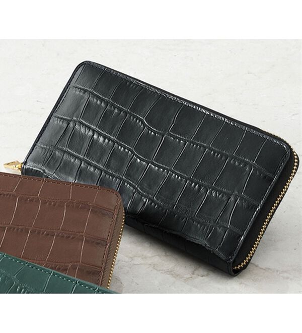 「牛革クロコ型押しラウンド長財布（メンズ財布・パスケース）」｜ブラック