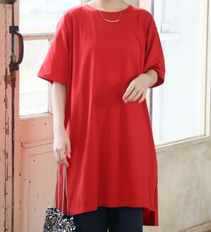 A HAPPY MARILYN（アハッピーマリリン）の「【Ｌ～１０Ｌ】選べる２丈！綿１００％ストンと楽ちん！着心地さらりゆるＴワンピース＆チュニック（チュニック）」｜レッド