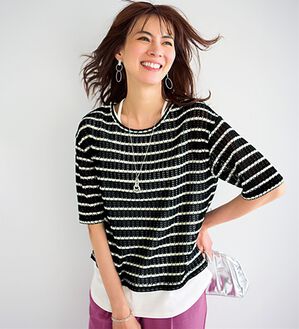 BELLUNA（ベルーナ）の「透かし編プルオーバーアンサンブル（アンサンブル）」｜ボーダー