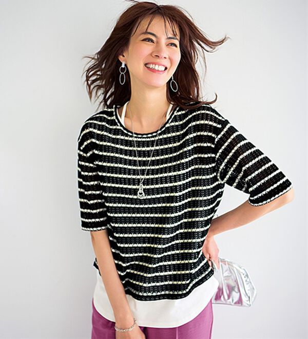 BELLUNA（ベルーナ）の「透かし編プルオーバーアンサンブル（アンサンブル）」｜ボーダー