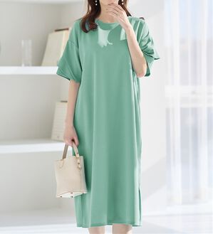 alotta（アロッタ）の「【４つの機能付】ひんやりフリル袖Ｔシャツワンピース（シャツワンピース）」｜ブルーグリーン