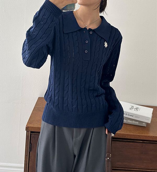 RANAN（ラナン）の「＜U.S.POLO ASSN.＞刺繍長袖ケーブルポロニット（ニット・セーター）」｜詳細画像