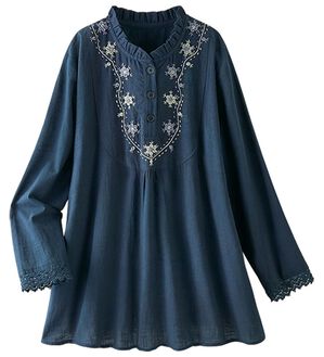 ルフラン（ルフラン）の「綿１００％手刺しゅうブラウス（ブラウス）」｜ネイビー