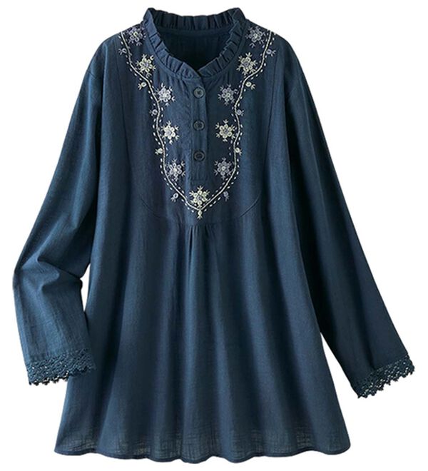 ルフラン（ルフラン）の「綿１００％手刺しゅうブラウス（ブラウス）」｜ネイビー