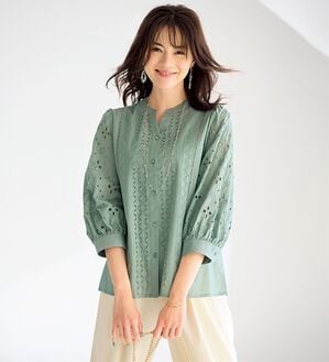 BELLUNA（ベルーナ）の「花柄レース切替デザインブラウス（ブラウス）」｜ミント