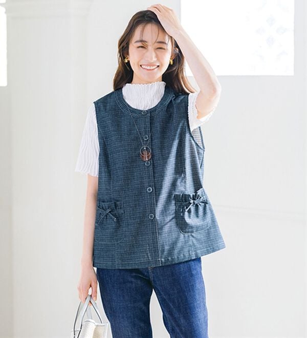 ルフラン（ルフラン）の「リボンポケットの裏チェックベスト（ベスト）」｜詳細画像
