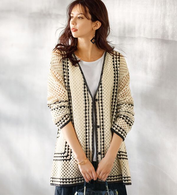 配色使いクロシェ風ニットカーディガン - ベルーナ【公式】 