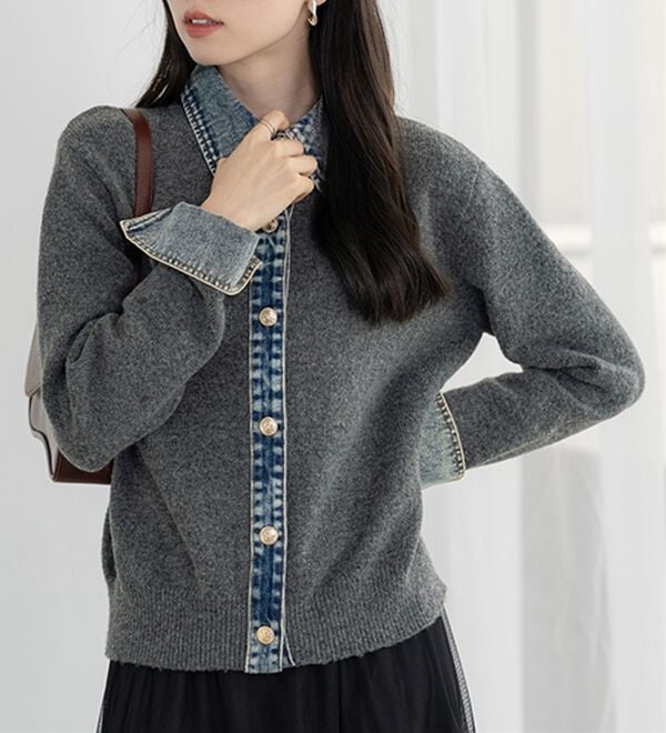 BELLUNA（ベルーナ）の「デニム&times;ニット切替ジャケット（その他ジャケット）」｜杢チャコール