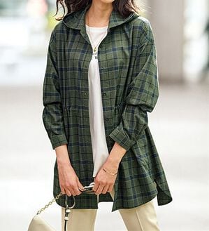 BELLUNA（ベルーナ）の「フード付チェック柄チュニックパーカー（パーカー）」｜ブラックウォッチ