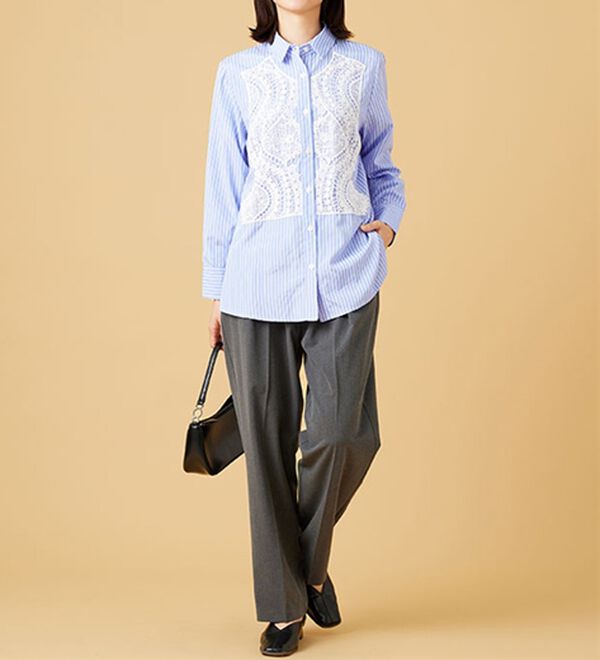 BELLUNA（ベルーナ）の「【Ｌａｇｒｉｌｕａ】レース使いストライプシャツチュニック（チュニック）」｜詳細画像