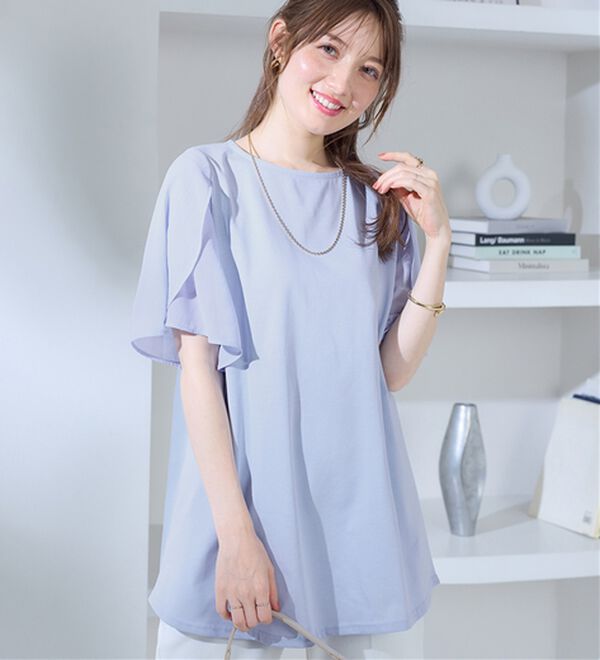 alotta（アロッタ）の「【接触冷感】袖シフォン異素材切替チュニックＴシャツ（チュニック）」｜ラベンダーブルー