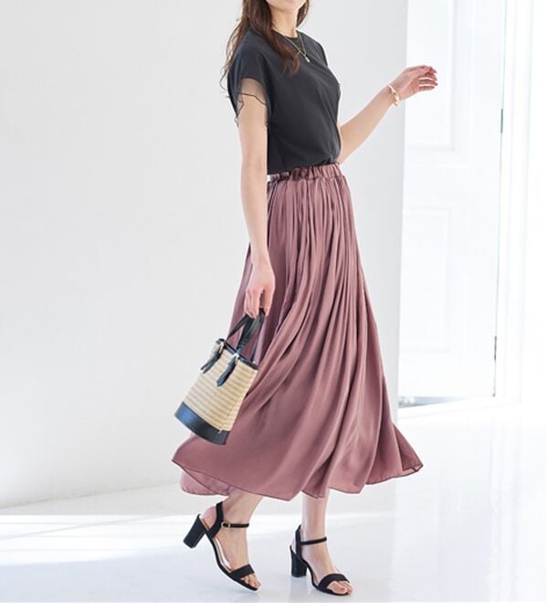 alotta（アロッタ）の「サテン素材ギャザーフレアースカート（ロングスカート）」｜詳細画像