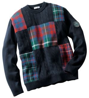 「＜ハッシュパピー＞パッチワークケーブルセーター（メンズニット・セーター）」｜ネイビー