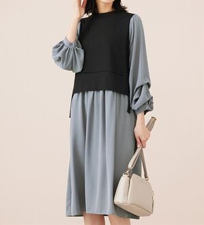 BELLUNA（ベルーナ）の「袖タックデザイン異素材切替ワンピース（その他ワンピース）」｜ブルーグレー系
