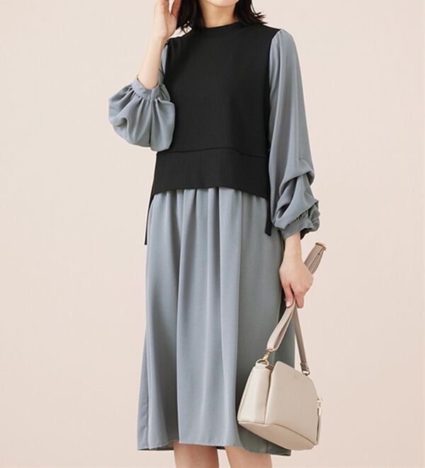 BELLUNA（ベルーナ）の「袖タックデザイン異素材切替ワンピース（その他ワンピース）」｜ブルーグレー系