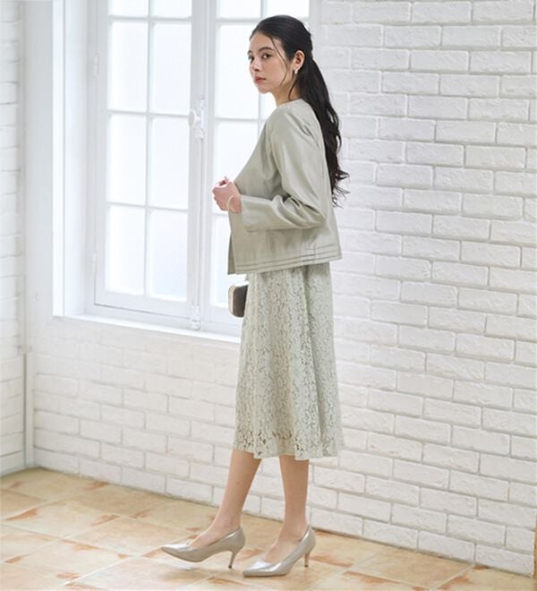 BELLUNA（ベルーナ）の「シャンタン素材ノーカラージャケットレースワンピースアンサンブル（ワンピースセットスーツ）」｜詳細画像