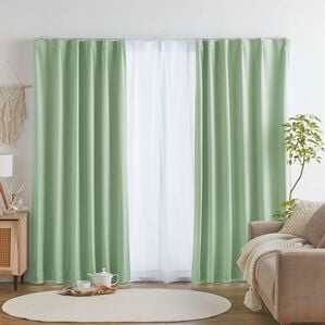 iellio（イエリオ）の「１・２級遮光＆断熱保温＆ＵＶ見えにくいレース付カーテンセット＜４枚組・遮光１級・洗える・無地＞（ドレープカーテン）」｜セージグリーン（Ｌｕｎｅ）