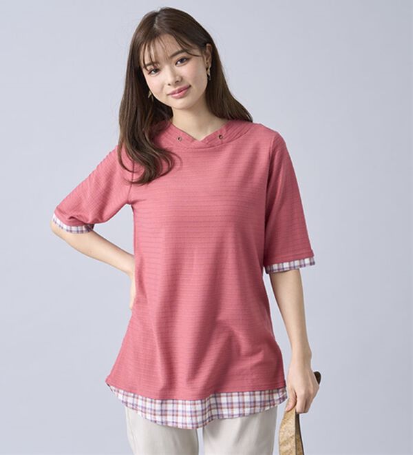 BELLUNA（ベルーナ）の「ひんやり冷感！タックジャカード素材重ね着風プルオーバー（カットソー）」｜詳細画像