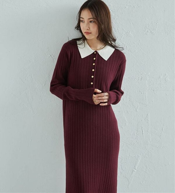 ポロカラーリブニットワンピース - ベルーナ【公式】