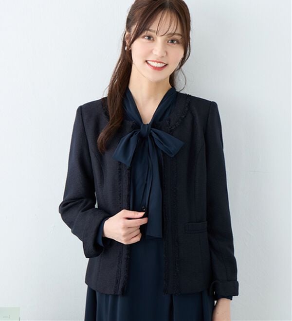 alotta（アロッタ）の「【洗える】フリンジ使いツイードノーカラージャケット（ノーカラージャケット）」｜ネイビー系