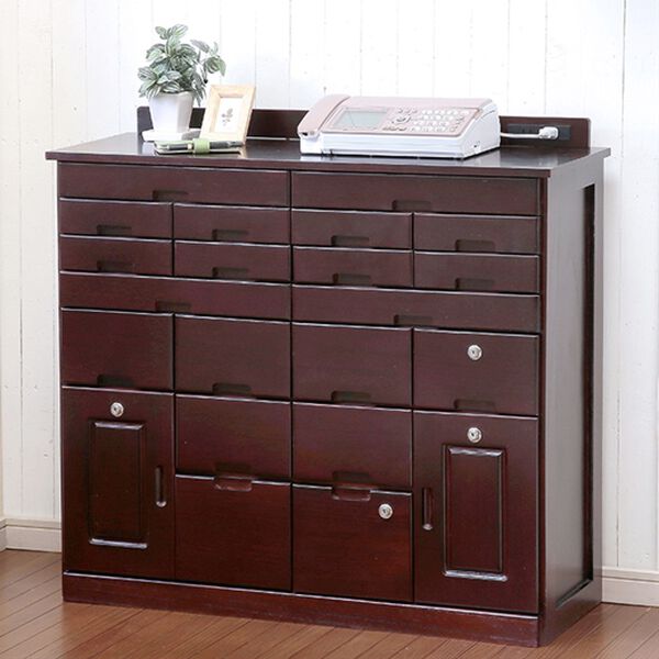 「２口コンセント付　天然木桐製ひきだしいっぱいキャビネット　桐製マルチラック（ラック・棚・本棚）」｜ダークブラウン