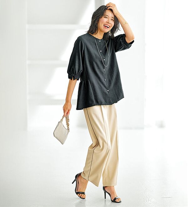 BELLUNA（ベルーナ）の「サラリ麻調素材袖リボンペプラムブラウス（ブラウス）」｜詳細画像