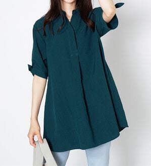 BELLUNA（ベルーナ）の「【接触冷感】麻調素材袖リボン使いシャツチュニック（チュニック）」｜ターコイズ