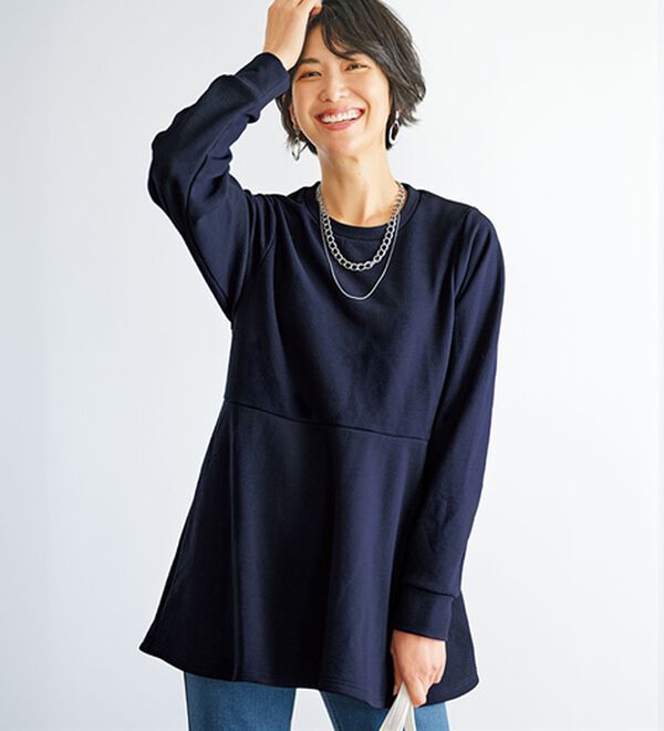 BELLUNA（ベルーナ）の「裏起毛ふくれジャカードペプラムチュニック（チュニック）」｜ネイビー