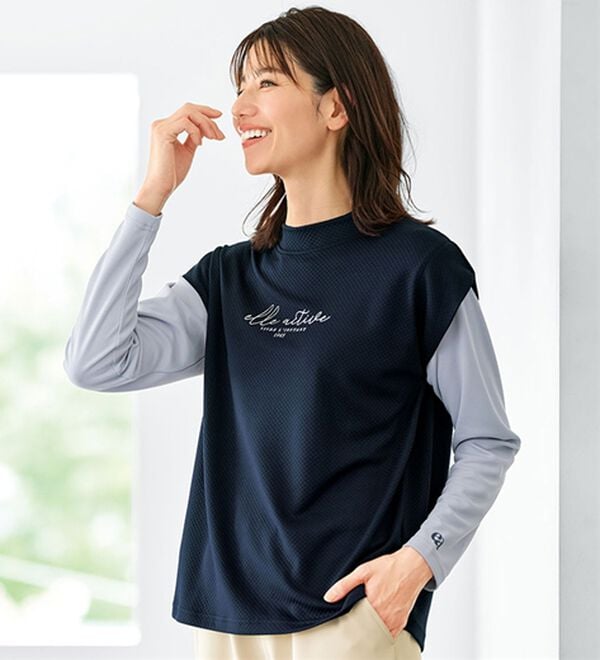 BELLUNA（ベルーナ）の「＜ＥＬＬＥ　Ａｃｔｉｖｅ＞メッシュ素材重ね着風プルオーバー（カットソー）」｜ネイビー系