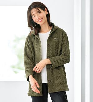 BELLUNA（ベルーナ）の「＜ＥＬＬＥ　Ａｃｔｉｖｅ＞フード付ケーブル柄ジャカードジャケット（その他カーディガン）」｜カーキ