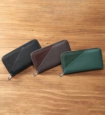 「縁起の良い瓢箪柄印伝と姫路レザーのラウンド長財布（メンズ財布・パスケース）」