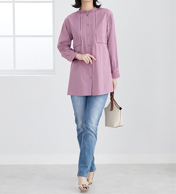 BELLUNA（ベルーナ）の「上品に着映える！衿＆袖レース切替シャツチュニック（チュニック）」｜詳細画像